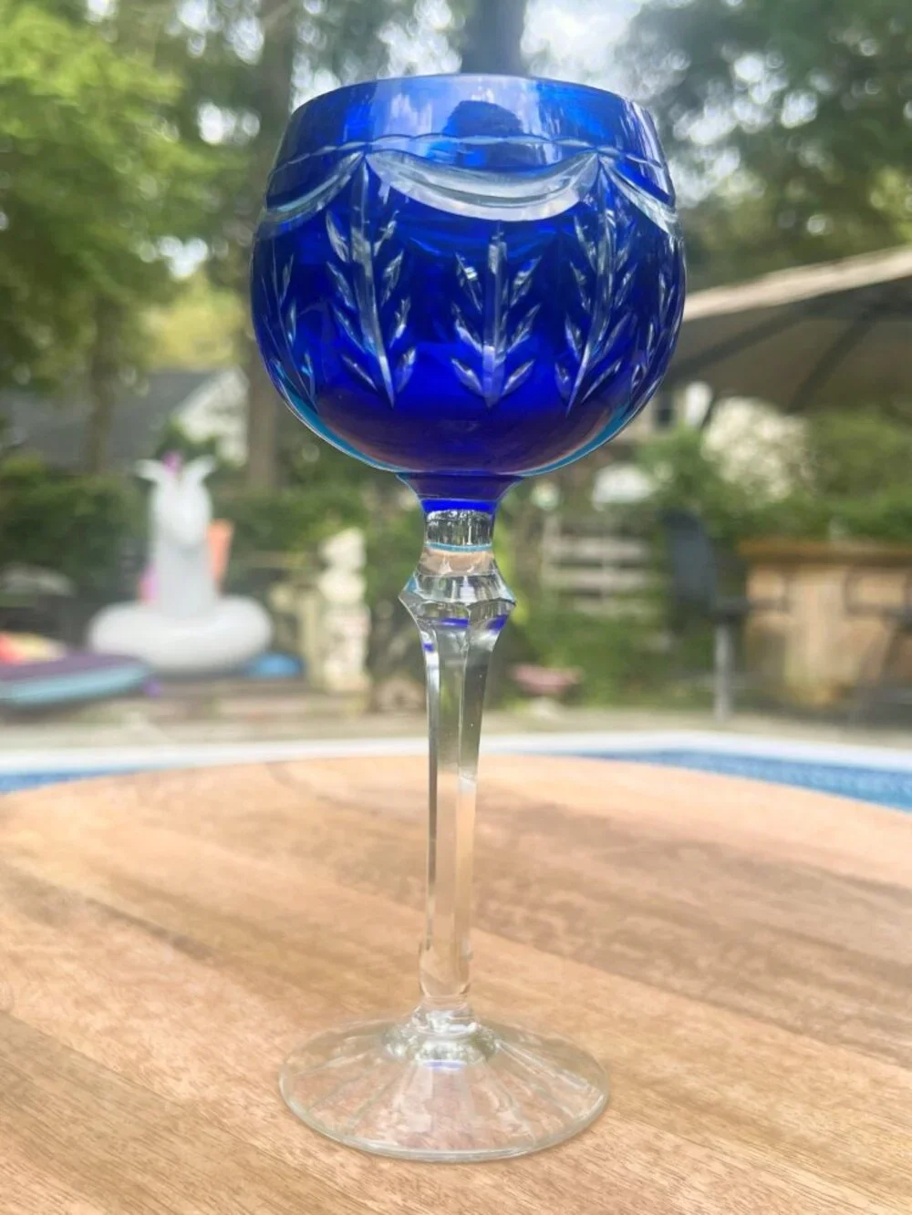Cobalt Blue Crystal Wine Goblet With Intricate Cut Glass Design & Clear Stem